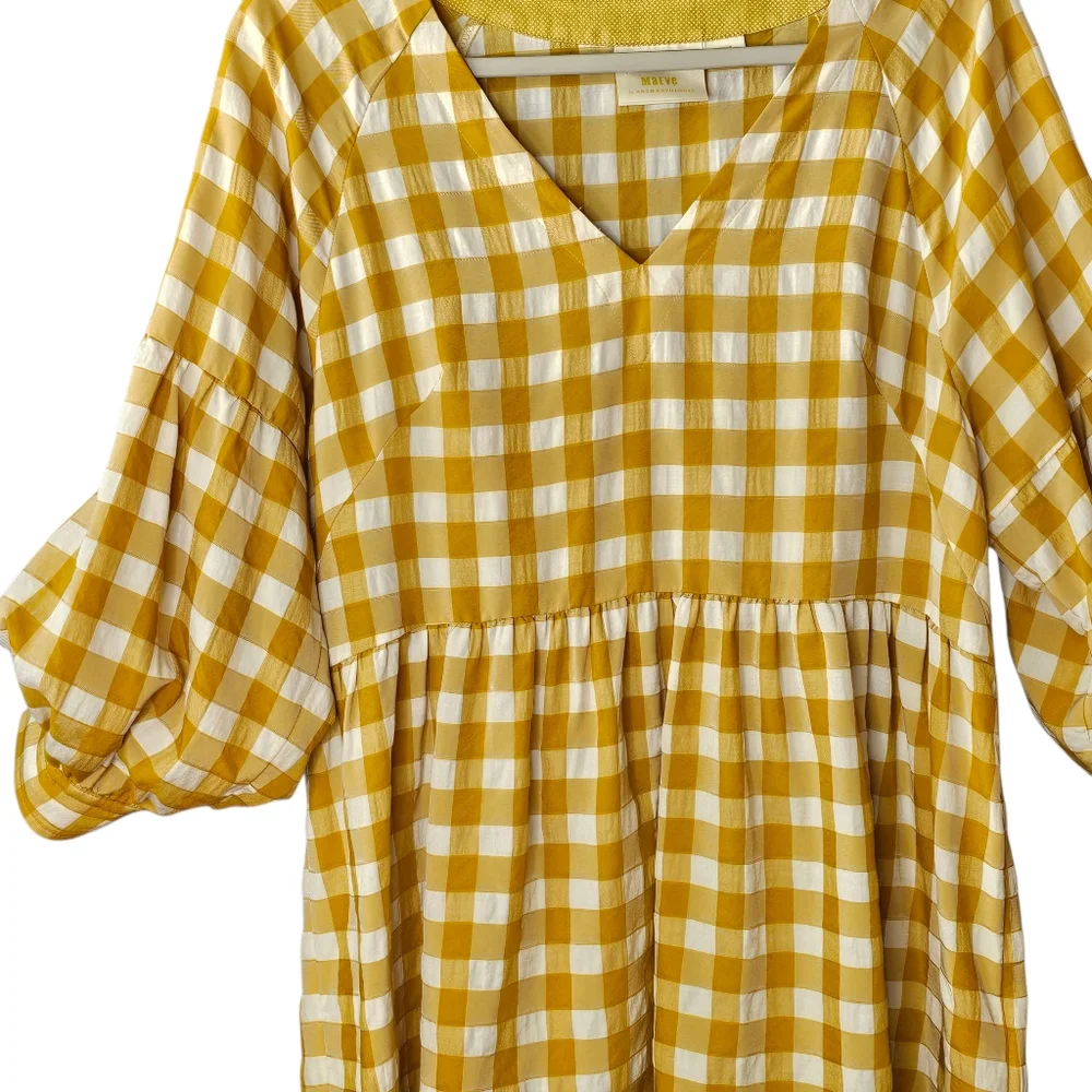 Maeve April Babydoll Gingham Blouse Gold White Button Puff Sleeve V-Neck M
